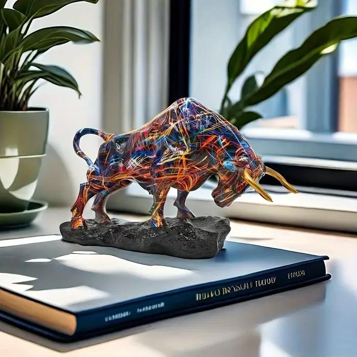 Statue de taureau en bronze élégante - Art en résine coloré inspiré de Wall Street
