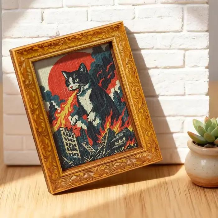 Un chat géant attaque un poster magnétique représentant un réfrigérateur en bois