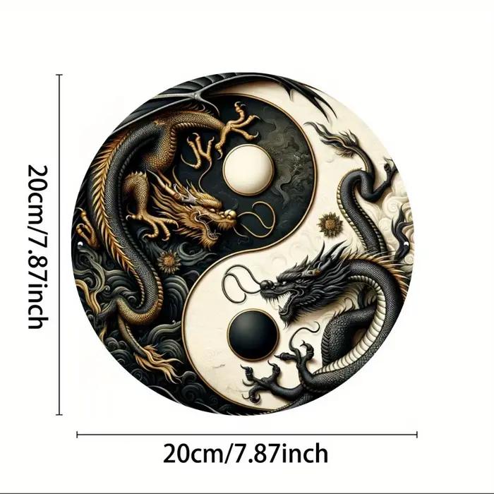 Panneau métallique Dragon chinois Yin-Yang – Art mural Oriental noir et blanc pour la maison
