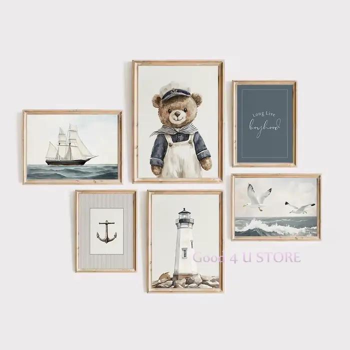 Affiche de paysage marin de mouette d'ancre de phare côtier nautique d'aquarelle