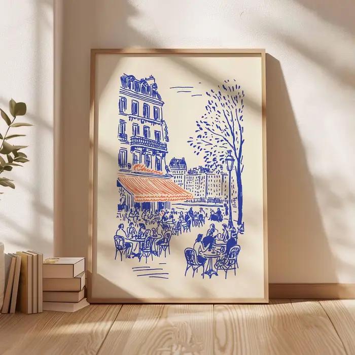 Affiche d'art linéaire sur le thème des cafés de Paris