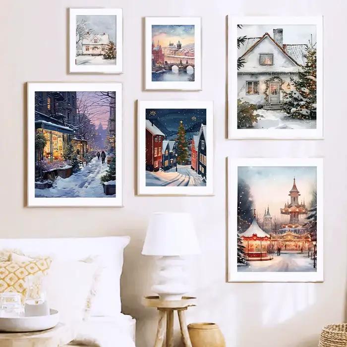 À Paris maison de neige arbre de noël ville enneigée mode mur Art toile peinture nordique affiche décor romantique hiver