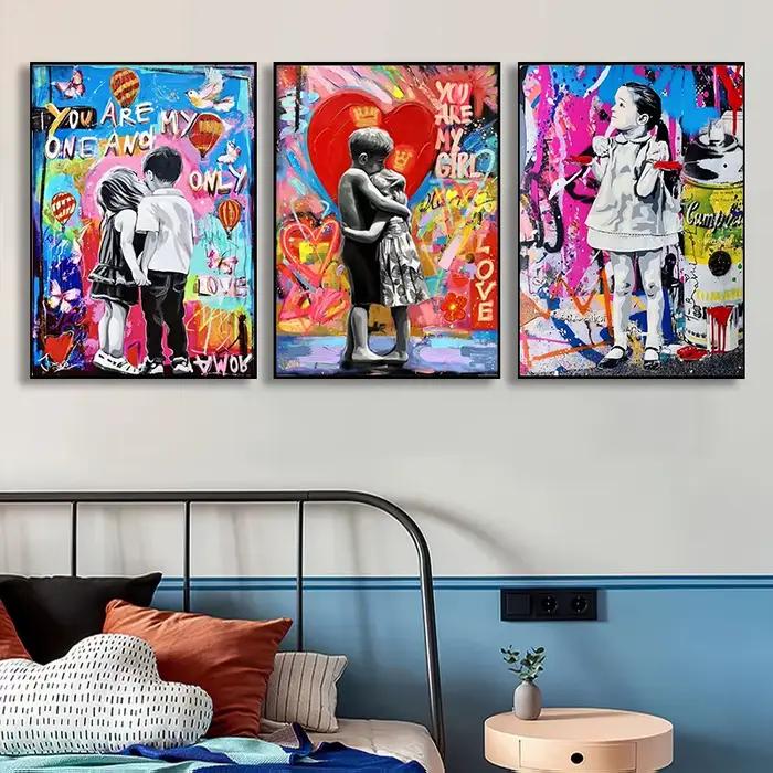 Banksy Art mural je t'aime pour toujours inspiré Graffiti Pop Art toile peinture enfants baiser rue affiche impressions pour décor de chambre