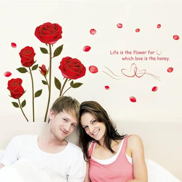 Autocollant mural romantique rose rouge pour chambre à coucher