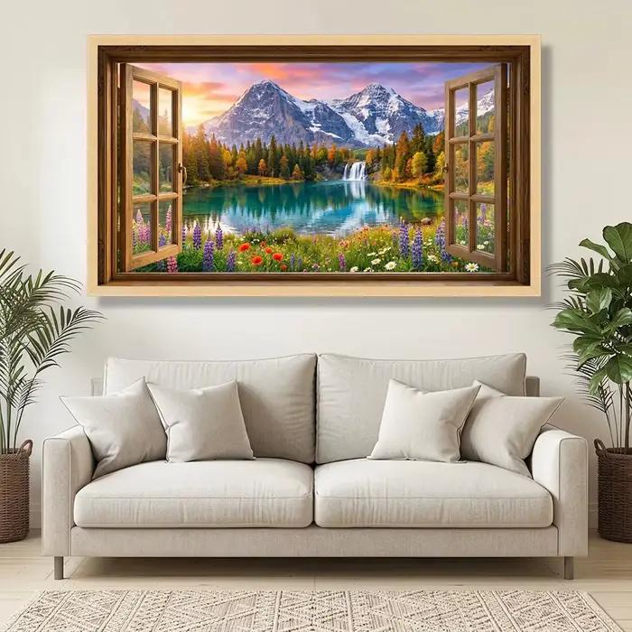 Vue sur le lac de montagne depuis une fenêtre ouverte, toile, art mural, cascade et fleurs sauvages, toile de paysage naturel pittoresque