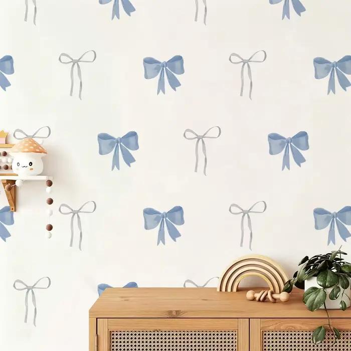 Autocollants muraux nœuds bleus en aquarelle, imperméables, à peler et coller, pour chambre d'enfant, cadeaux et décoration