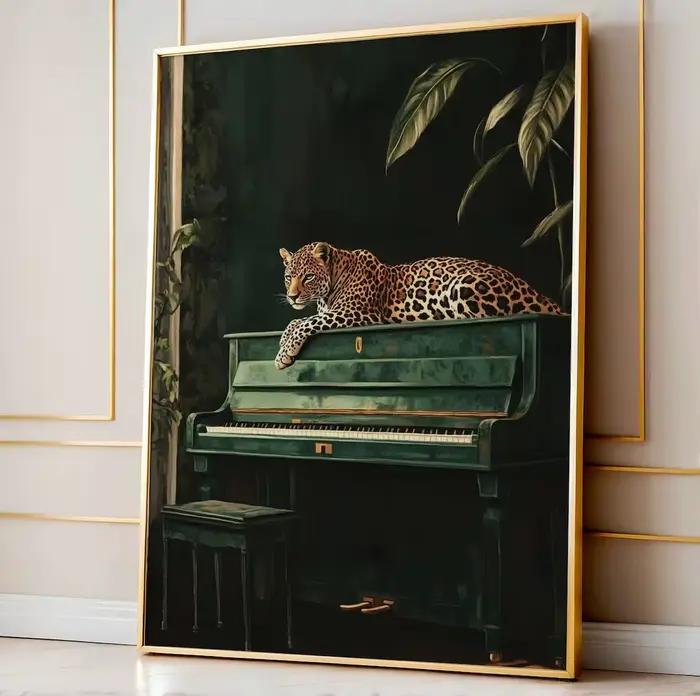 Art mural léopard élégant sur Piano vert