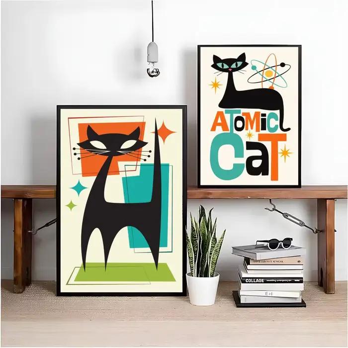 Affiche esthétique de calligraphie avec peinture de chat noir du milieu du siècle