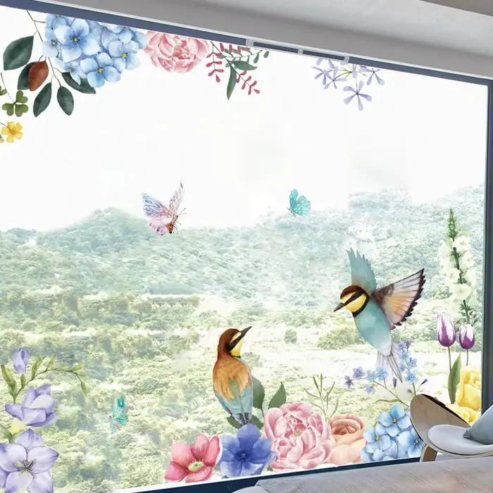 Peinture à l'encre fleurs oiseaux autocollant mural salon fond décoration intérieure papier peint pour verre fenêtres décor maison décalcomanies