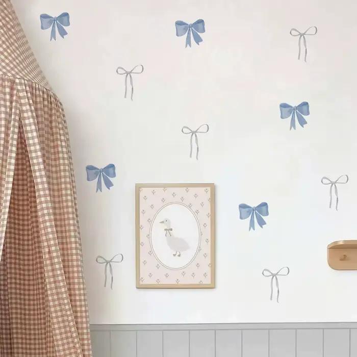 Autocollants muraux nœuds bleus en aquarelle, imperméables, à peler et coller, pour chambre d'enfant, cadeaux et décoration