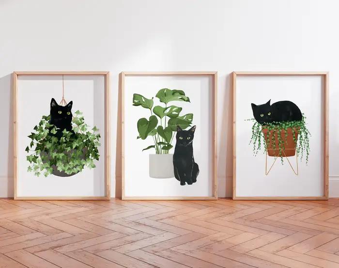 Affiche murale imprimée chat et plante