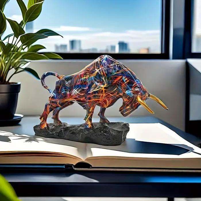 Statue de taureau en bronze élégante - Art en résine coloré inspiré de Wall Street