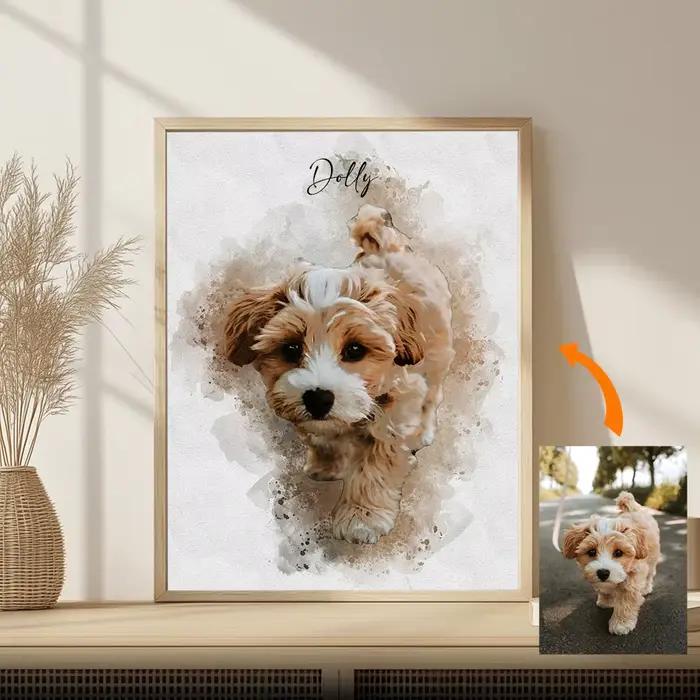 Cadeau commémoratif pour animaux de compagnie Portrait personnalisé - Toile personnalisée pour chien et chat de photo - Art aquarelle pont arc-en-ciel