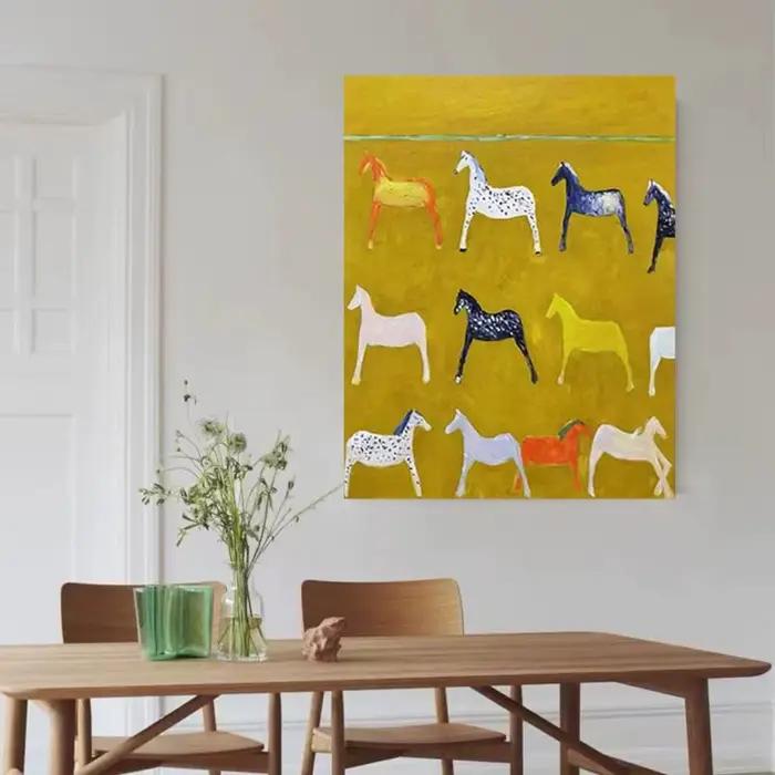 Peinture sur toile sans cadre, cheval jaune, art mural abstrait, peinture minimaliste moderne et colorée pour salon, 1 pièce
