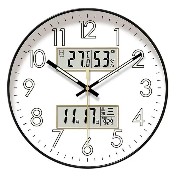 Horloge murale ronde sans tic-tac, brille dans la nuit, décoration de maison, avec calendrier, grand écran numérique de nuit de 10/12/14 pouces