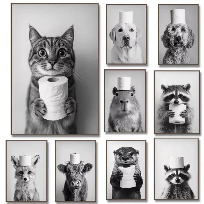 Highland vache loutre chat raton laveur avec papier toilette affiche impression toile peinture salle de bain mur Art