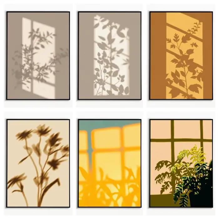 1 pièce - Affiche Paysage Wabi-sabi avec Ombre de Plante - Art Mural Minimaliste aux Tons Chauds