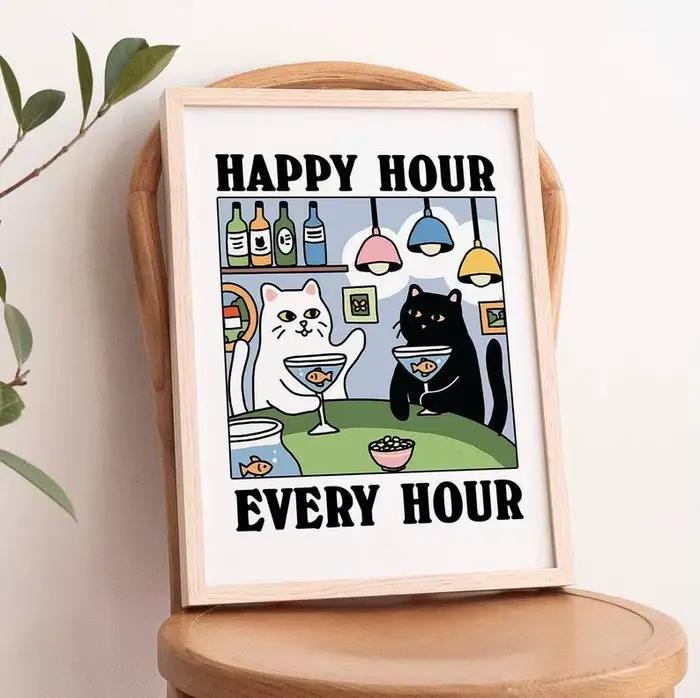Happy Hour Every Hour – imprimés d'art mural de chat de dessin animé