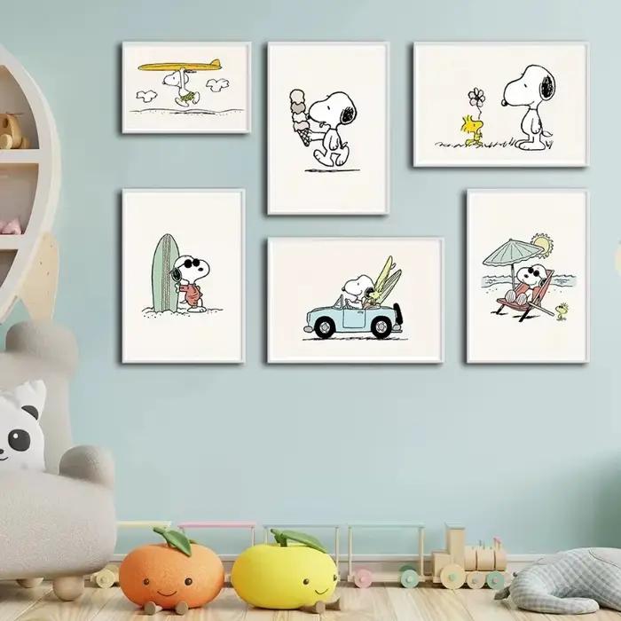 Snoopy plage vacances dessin animé peinture minimaliste nordique mur Art surf affiche amusant toile impression pépinière enfant chambre décor Cuadros