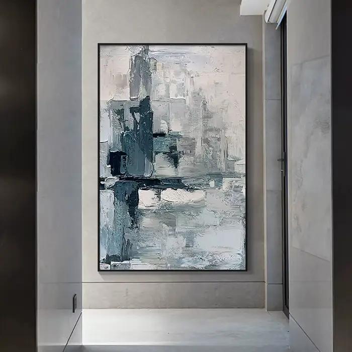 Grande optique peinte à la main Bergame peinture à l'huile bleu abstrait mur Art