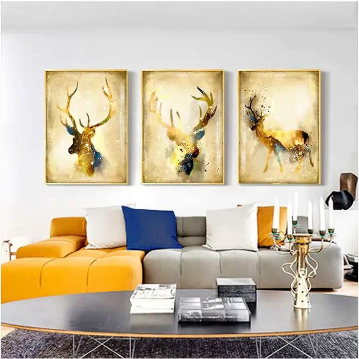 Toile de peinture moderne en forme de cerf et d'élan jaune