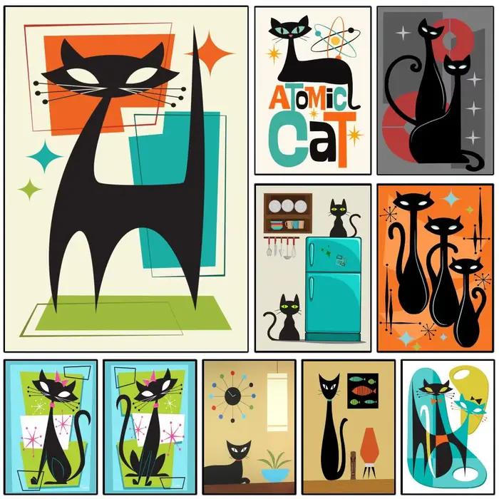 Affiche esthétique de calligraphie avec peinture de chat noir du milieu du siècle