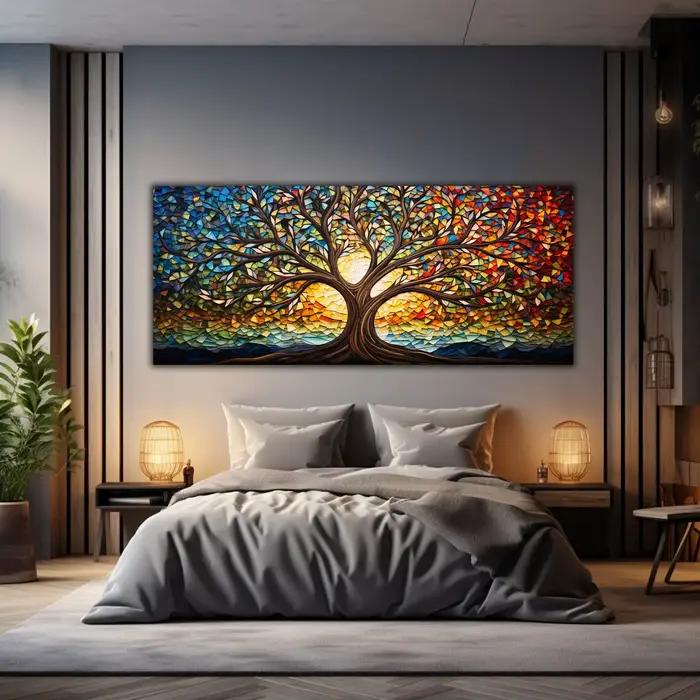 Peinture sur toile en verre mosaïque colorée, toile d'art d'arbre de vie imprimée, cadeau de mythologie, pour salon, bureau, décoration de la maison