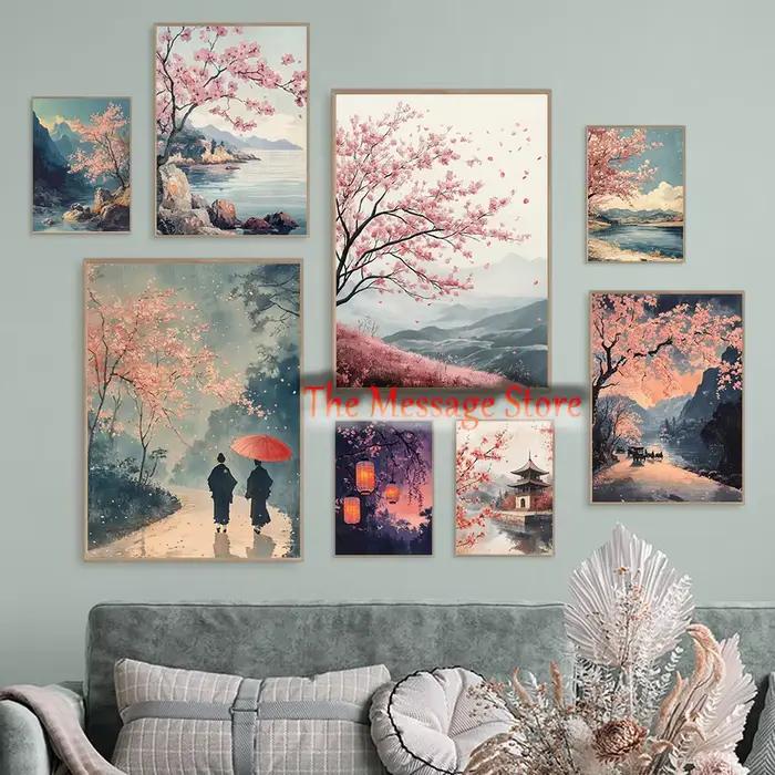 Peinture de paysage printanier inspirée de l'Ukiyo-e rétro