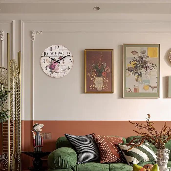 Rétro fleur papillon "Benvenue à notre maison" modèle horloge murale en bois salon chambre cuisine décoration