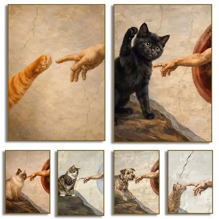 Affiche sur toile « La création d'Adam avec une patte de chat et de chien », impression d'affiche tendance pour décoration de salon et de maison