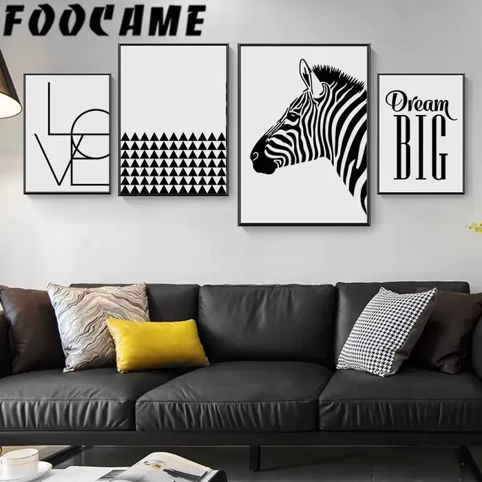 Peinture sur toile à imprimé abstrait géométrique zèbre noir et blanc