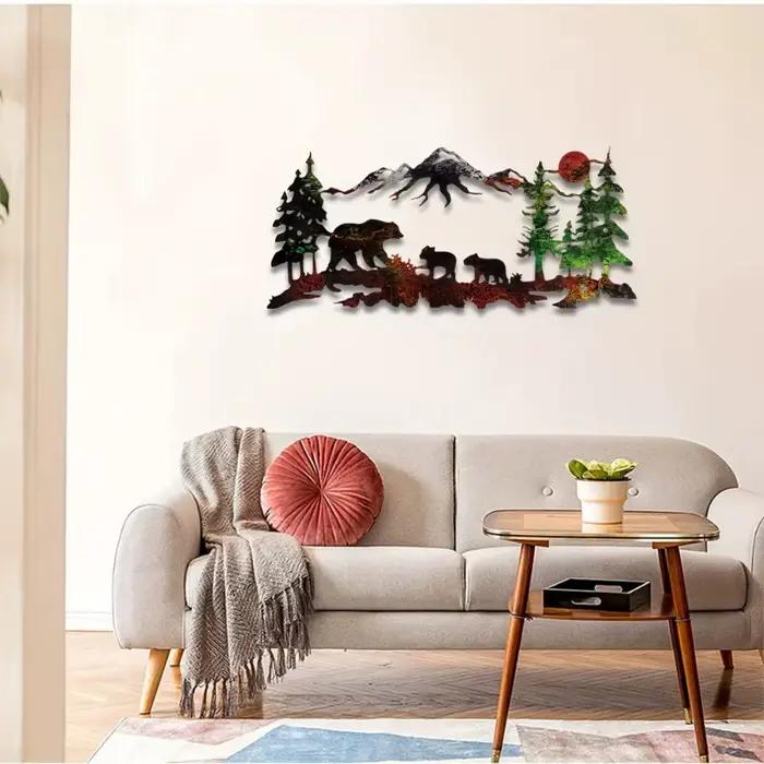 Art mural de montagne de forêt d'ours en métal-peinture de décoration de maison de Silhouette rustique