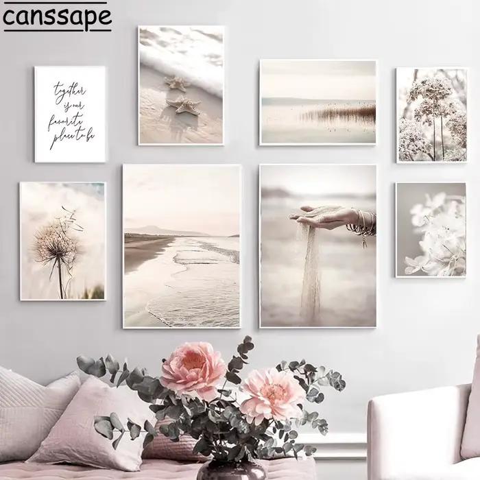 Toile de peinture de paysage Beige, roseau, pissenlit, fleur, images murales, mer, plage, sable, main, affiches nordiques, décor de salon