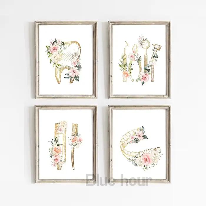 Affiches d'art mural de dentiste en or avec fleurs