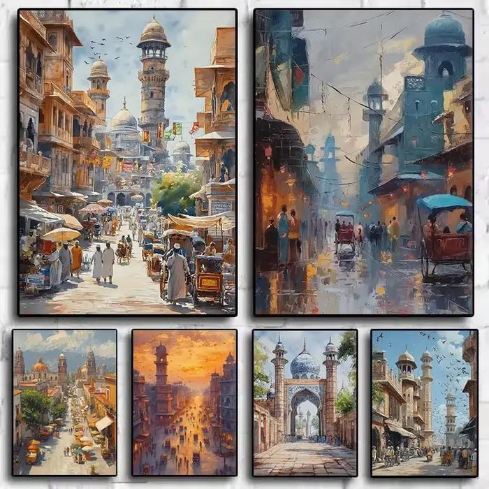 Affiche de voyage sur toile, paysage urbain pakistanais, Karachi, Lahore, vie quotidienne, marché, ville ancienne, peinture murale, images d'art, décoration intérieure