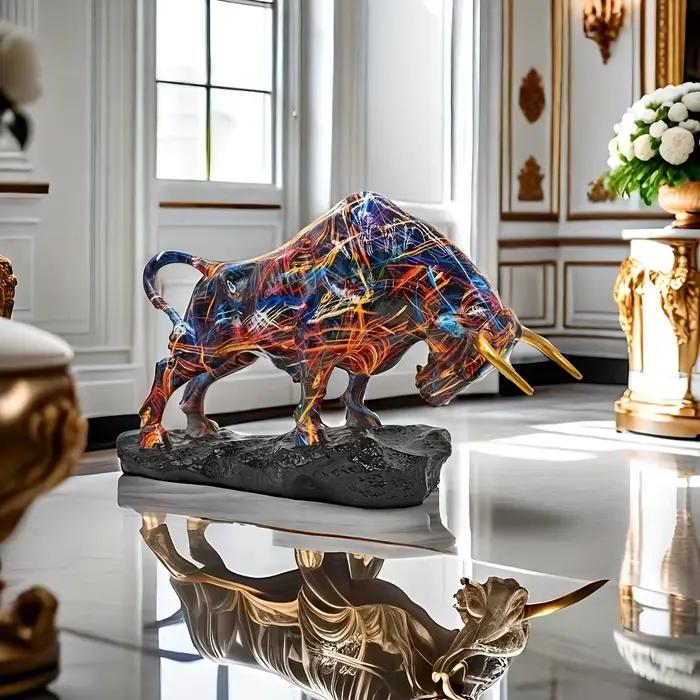 Statue de taureau en bronze élégante - Art en résine coloré inspiré de Wall Street