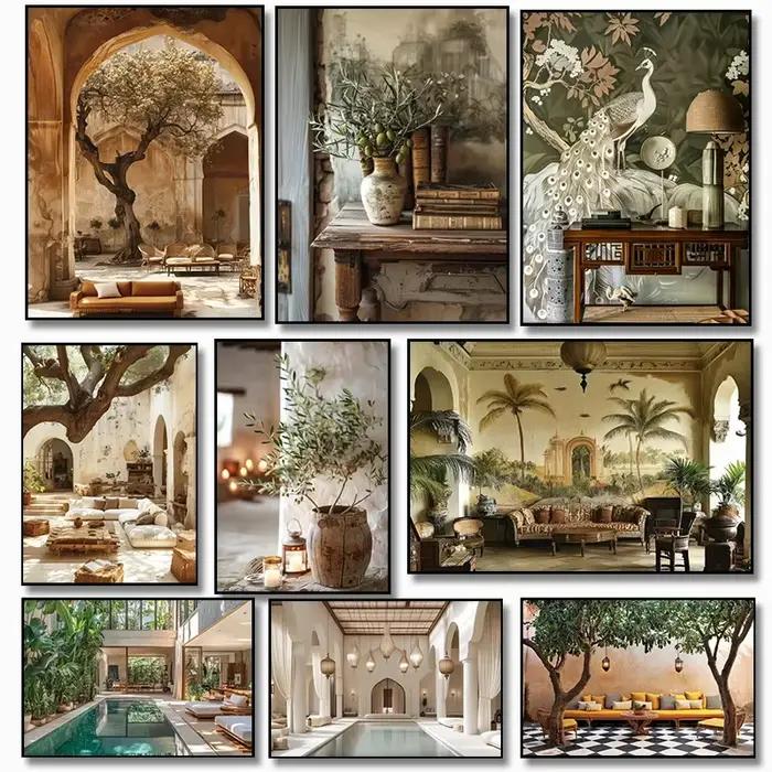 Peinture sur toile d'architecture avec branches et feuilles d'olivier italiennes