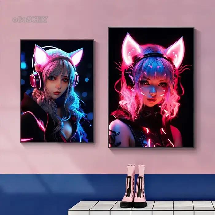 Néon Anime chat fille affiches imprime toile peinture Manga