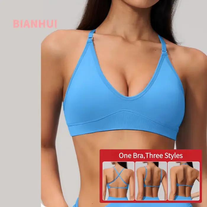 Soutien-gorge de sport côtelé à col halter pour femme, avec bretelles amovibles, haut de sport pour la gym, taille haute, effet push-up avec coussinets de poitrine
