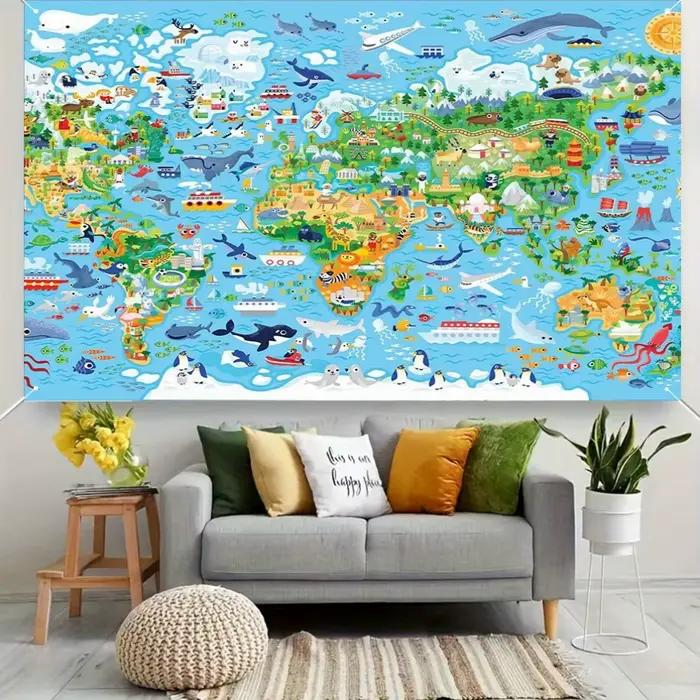 Un fond de carte du monde vif avec des animaux et des planètes de dessin animé – adapté à la décoration de la maison