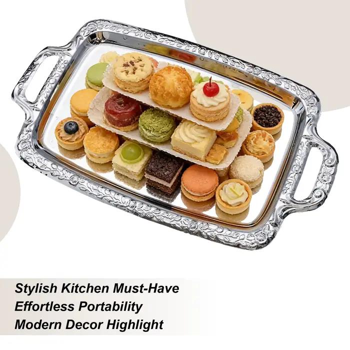 Plateau de service alimentaire en métal, grand plateau de présentation argenté, décoration de table, plateau décoratif en métal pour aliments, plateau de rangement pour bonbons, pain, gâteaux