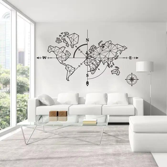 Stickers muraux en vinyle avec carte du monde et boussole