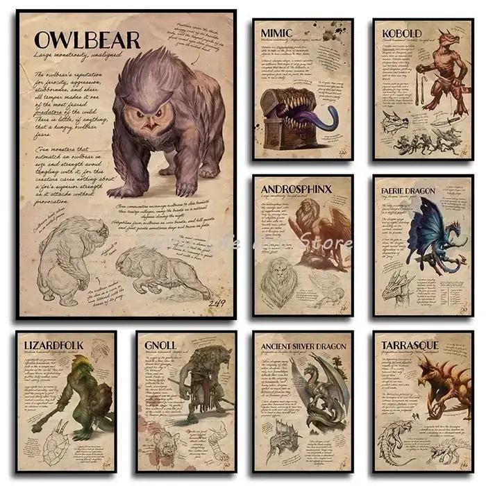 Peinture sur toile 2D, manuel des monstres D&D, affiches et impressions sur toile du jeu de rôle Dungeons & Dragons, image d'art murale pour