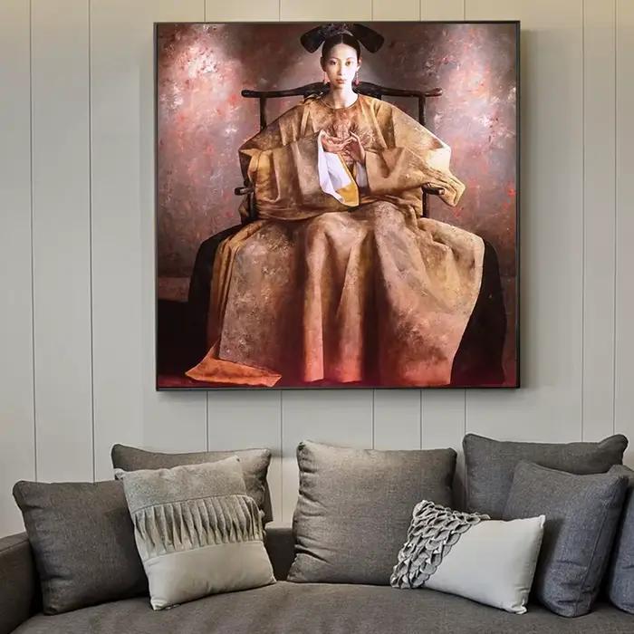 Robe traditionnelle femme Portrait toile peinture mur Art vintage Noble dame affiche et impressions pour salon ethnique décor à la maison