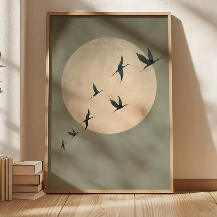Sage Green Japandi Art Print - Grand Art mural abstrait soleil et oiseaux volants
