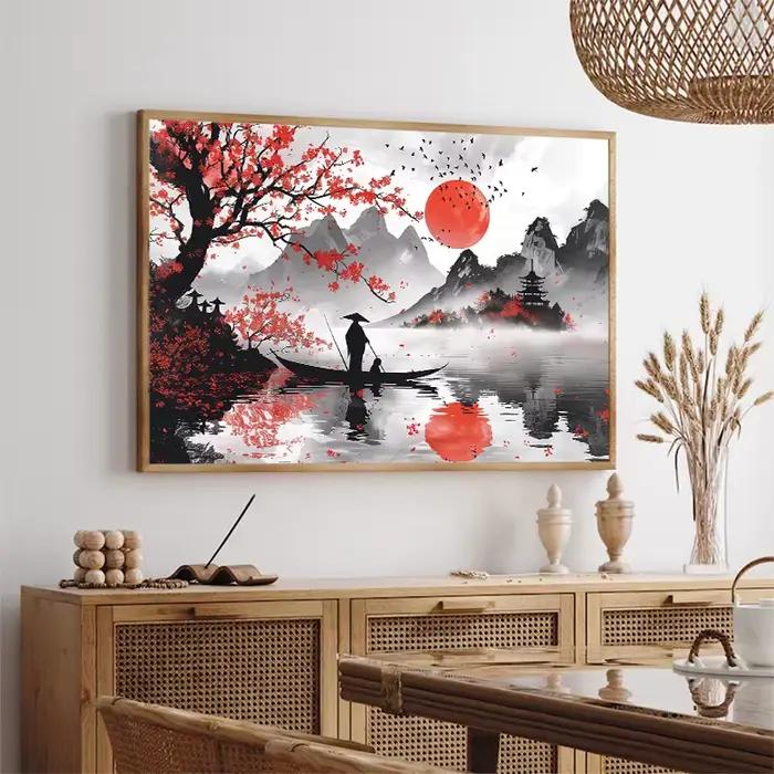 Affiche de peinture à l'encre de paysage japonais