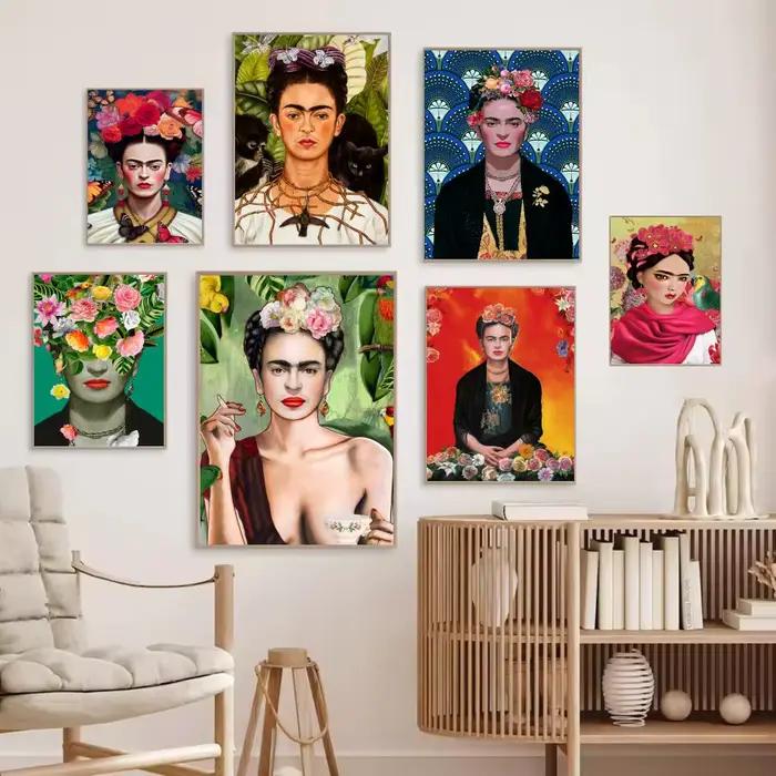 Affiche murale moderne sur toile avec calligraphie et peinture de l'artiste F-Frida Kahlo