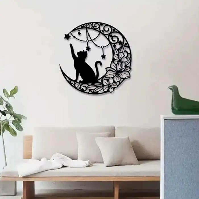 Décoration murale en fer simple avec silhouette de chat noir et lune