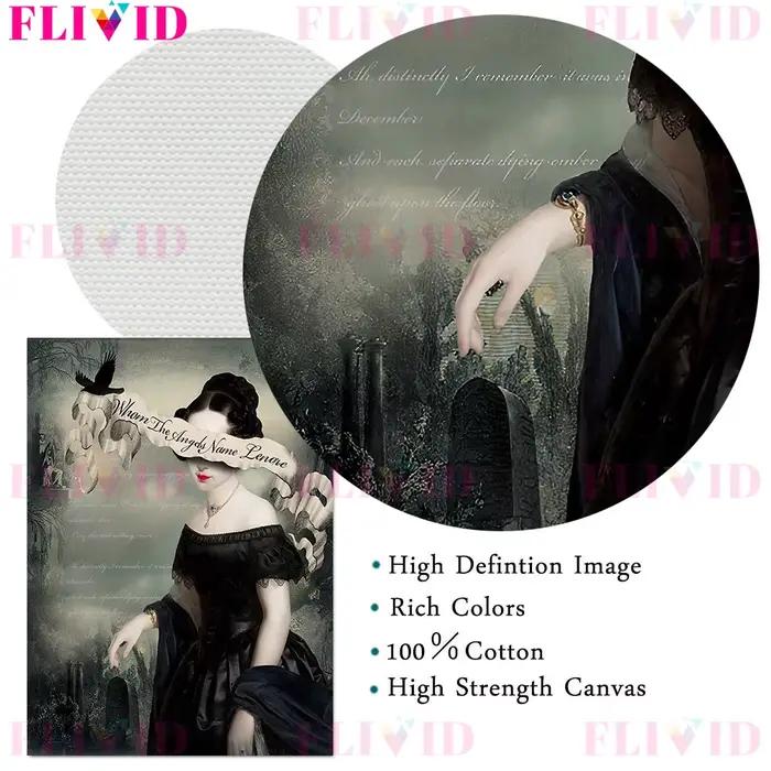 Gramophone et corbeau fille victorienne Vintage mur Art toile peinture citation poésie littérature Goth Art affiche imprimer décor à la maison