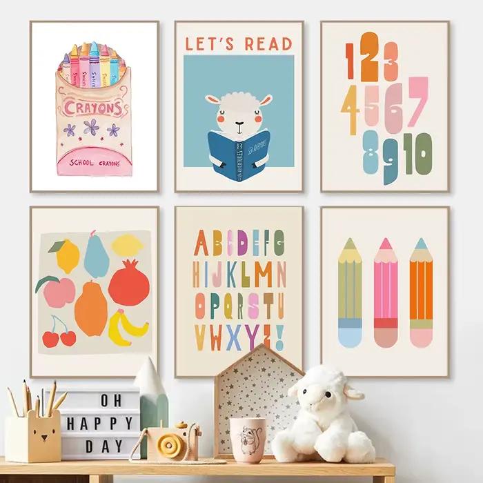 Affiches colorées de lecture pour enfants, imprimés modernes pour salle de classe d'enfant en bas âge, peinture sur toile, images murales, décor de maison pour chambre d'enfant